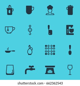 Vector Illustration Of 16 Cooking Icons. Editable Pack Of Steelyard, Butcher Knife, Tea Cup And Other Elements.