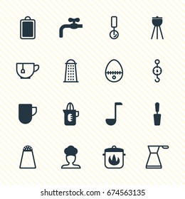 Vector Illustration Of 16 Cooking Icons. Editable Pack Of Shaker, Mug, Steelyard And Other Elements.