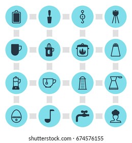 Vector Illustration Of 16 Cooking Icons. Editable Pack Of Fruit Squeezer, Shaker, Barbecue And Other Elements.