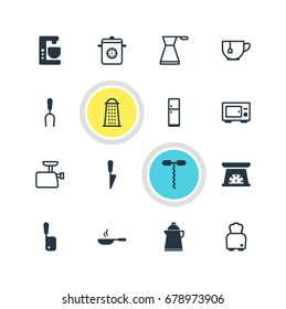 Vector Illustration Of 16 Cooking Icons. Editable Pack Of Kettle, Wine Opener, Measuring Tool And Other Elements.