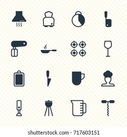 Vector Illustration Of 16 Cooking Icons. Editable Pack Of Carafe, Kitchen Dagger, Butcher Knife And Other Elements.