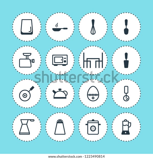 Vector illustration of 16\
cooking icons. Editable set of pot, water glass, teapot and other\
icon elements.
