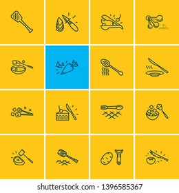 Vector illustration of 16 cutlery icons line style. Editable set of turner, meat tenderizer, tomato knife and other icon elements.