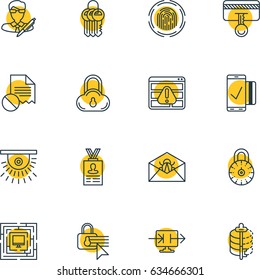 Vector Illustration Of 16 Data Icons. Editable Pack Of Finger Identifier, Camera, Safety Key And Other Elements.