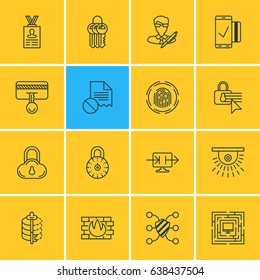 Vector Illustration Of 16 Data Protection Icons. Editable Pack Of Account Data, Confidentiality Options, Key Collection And Other Elements.