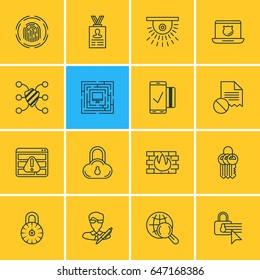 Vector Illustration Of 16 Data Protection Icons. Editable Pack Of Key Collection, Finger Identifier, Network Protection And Other Elements.