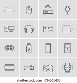 Vector Illustration Of 16 Device Icons. Editable Pack Of Media Controller, Monitor, Smartphone And Other Elements.
