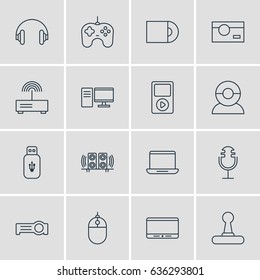 Vector Illustration Of 16 Device Icons. Editable Pack Of Video Chat, Game Controller, Dvd Drive And Other Elements.