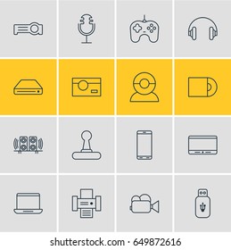 Vector Illustration Of 16 Device Icons. Editable Pack Of Floodlight, Game Controller, Joypad And Other Elements.