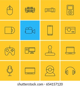 Vector Illustration Of 16 Device Icons. Editable Pack Of Video Chat, Headset, PC And Other Elements.