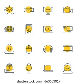 Vector Illustration Of 16 Device Icons. Editable Pack Of Photography, Computer, Camcorder And Other Elements.