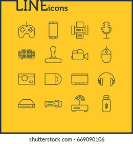Vector Illustration Of 16 Device Icons. Editable Pack Of Sound Recording, Modem, Headset And Other Elements.