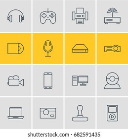 Vector Illustration Of 16 Device Icons. Editable Pack Of Media Controller, Joypad, Smartphone And Other Elements.