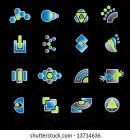 Vector illustration of 16 different slick modern company logo designs.