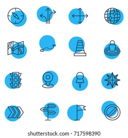 Vector Illustration Of 16 Direction Icons. Editable Pack Of Pennant, Caution, Compass And Other Elements.