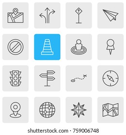 Vector Illustration Of 16 Direction Outline Icons. Editable Set Of Origami, Pin, Caution And Other Elements.