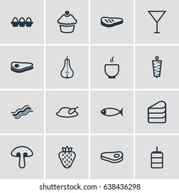Vector Illustration Of 16 Dish Icons. Editable Pack Of Grill, Pastry, Meat And Other Elements.