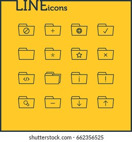 Vector Illustration Of 16 Dossier Icons. Editable Pack Of Locked, Important, Plus And Other Elements.