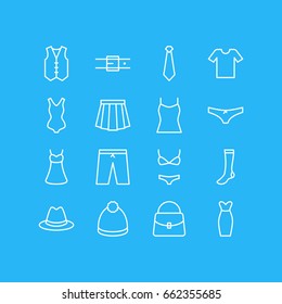 Vector Illustration Of 16 Dress Icons. Editable Pack Of Swimming Trunks, Pompom, Cravat And Other Elements.