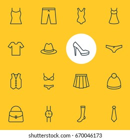 Vector Illustration Of 16 Dress Icons. Editable Pack Of Evening Dress, Swimming Trunks, Hosiery And Other Elements.