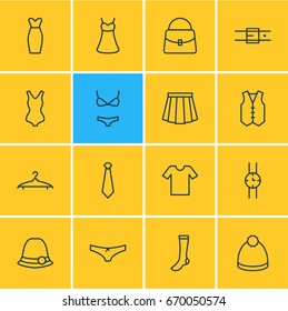 Vector Illustration Of 16 Dress Icons. Editable Pack Of Swimwear, Cloakroom, Hand Clock Elements.