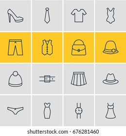 Vector Illustration Of 16 Dress Icons. Editable Pack Of Waistcoat, Apparel, Evening Dress And Other Elements.