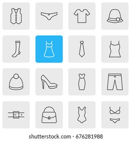 Vector Illustration Of 16 Dress Icons. Editable Pack Of Waistcoat, Casual, Cravat And Other Elements.