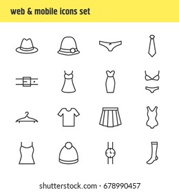 Vector Illustration Of 16 Dress Icons. Editable Pack Of Panties, Casual, Sarafan And Other Elements.