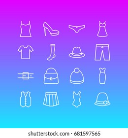 Vector Illustration Of 16 Dress Icons. Editable Pack Of Sarafan, Hosiery, Singlet And Other Elements.