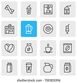 Vector Illustration Of 16 Drink Icons. Editable Pack Of Sweetener, Seed, Paper Box And Other Elements.