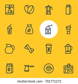 Vector Illustration Of 16 Drink Icons. Editable Pack Of Mill, Sweetener, Coffeemaker And Other Elements.