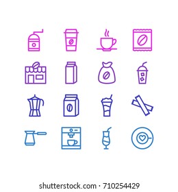 Vector Illustration Of 16 Drink Icons. Editable Pack Of Package Latte, Package, Espresso And Other Elements.