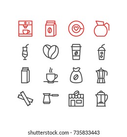 Vector Illustration Of 16 Drink Icons. Editable Pack Of Mocha, Soft Beverage, Paper Box And Other Elements.