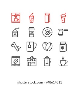 Vector Illustration Of 16 Drink Icons. Editable Pack Of Coffee To Go, Mug, Sweetener And Other Elements.