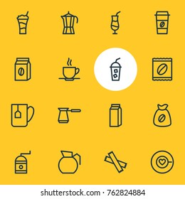 Vector Illustration Of 16 Drink Outline Icons. Editable Set Of Mocha, Coffee To Go, Coffeemaker And Other Elements.