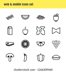 Vector illustration of 16 eating icons line style. Editable set of steak, bell pepper, spaghetti and other icon elements.