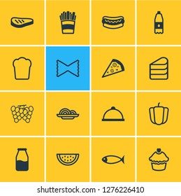 Vector illustration of 16 eating icons line style. Editable set of french fries, grilled meat, cupcake and other icon elements.
