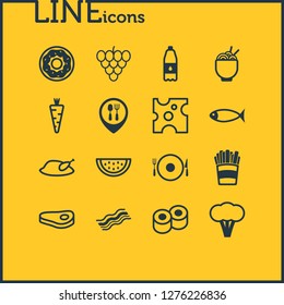 Vector illustration of 16 eating icons line style. Editable set of chicken, broccoli, cheese and other icon elements.