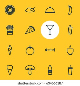 Vector Illustration Of 16 Eating Icons. Editable Pack Of Martini, Grill, Fungus And Other Elements.