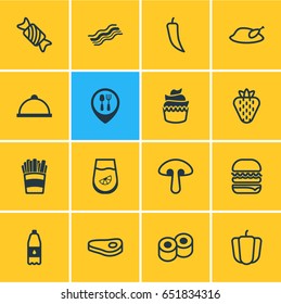 Vector Illustration Of 16 Eating Icons. Editable Pack Of Bulgarian Vegetable, Drink Bottle, Fungus And Other Elements.