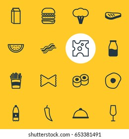 Vector Illustration Of 16 Eating Icons. Editable Pack Of Japanese Roll, Sandwich, Cheddar Elements.