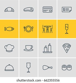 Vector Illustration Of 16 Eating Icons. Editable Pack Of Fire Wax, Tray, Japanese Roll And Other Elements.