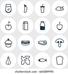 Vector Illustration Of 16 Eating Icons. Editable Pack Of Juice, Grill, Cruet And Other Elements.