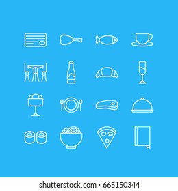 Vector Illustration Of 16 Eating Icons. Editable Pack Of Pepperoni, Book, Table And Other Elements.