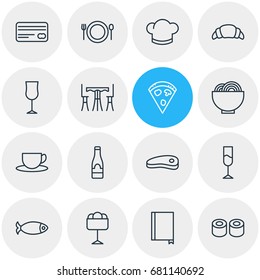 Vector Illustration Of 16 Eating Icons. Editable Pack Of Pepperoni, Food, Wine And Other Elements.