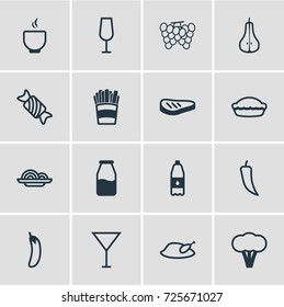 Vector Illustration Of 16 Eating Icons. Editable Pack Of Aubergine, Vineyard, Flan And Other Elements.