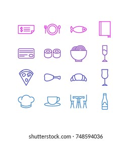 Vector Illustration Of 16 Eating Icons. Editable Pack Of Pepperoni, Japanese Roll, Card And Other Elements.
