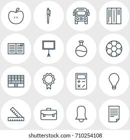 Vector Illustration Of 16 Education Icons. Editable Pack Of Bookshelf, School, Calculate And Other Elements.