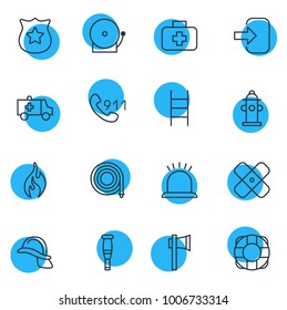 Vector illustration of 16 emergency icons line style. Editable set of plaster, exit, ladder and other icon elements.