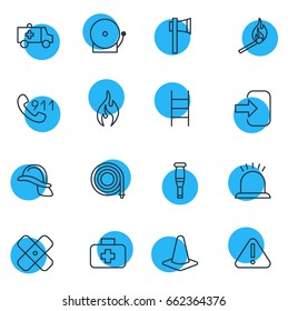 Vector Illustration Of 16 Emergency Icons. Editable Pack Of Burn, Ax, Hosepipe And Other Elements.